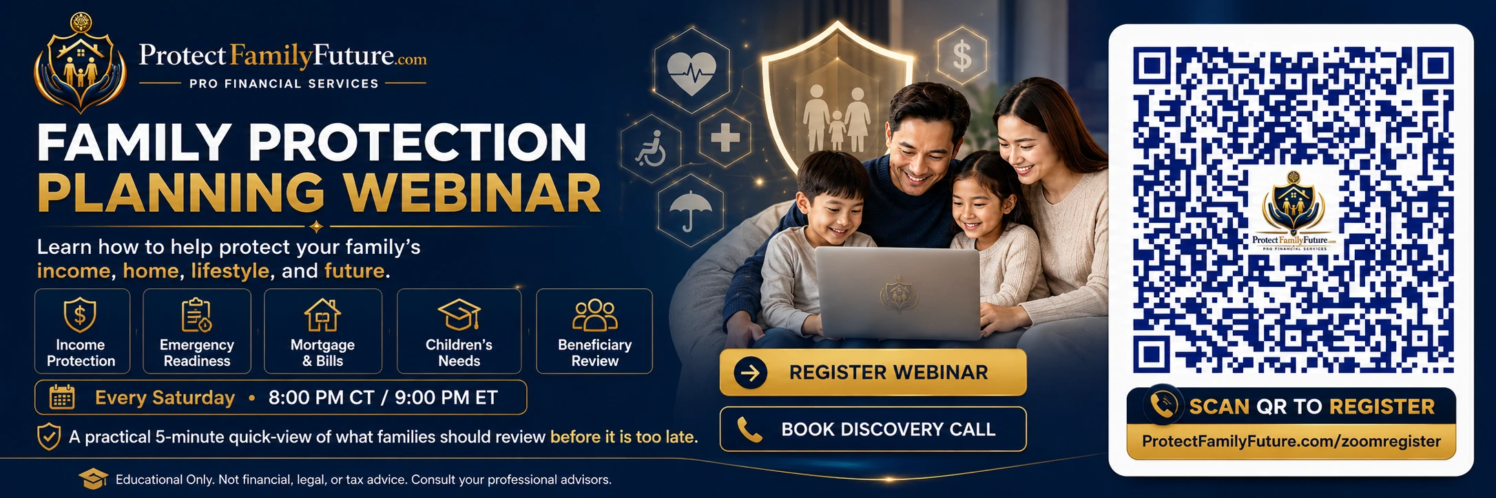 Family protection planning webinar registration with QR code for Saturday webinar