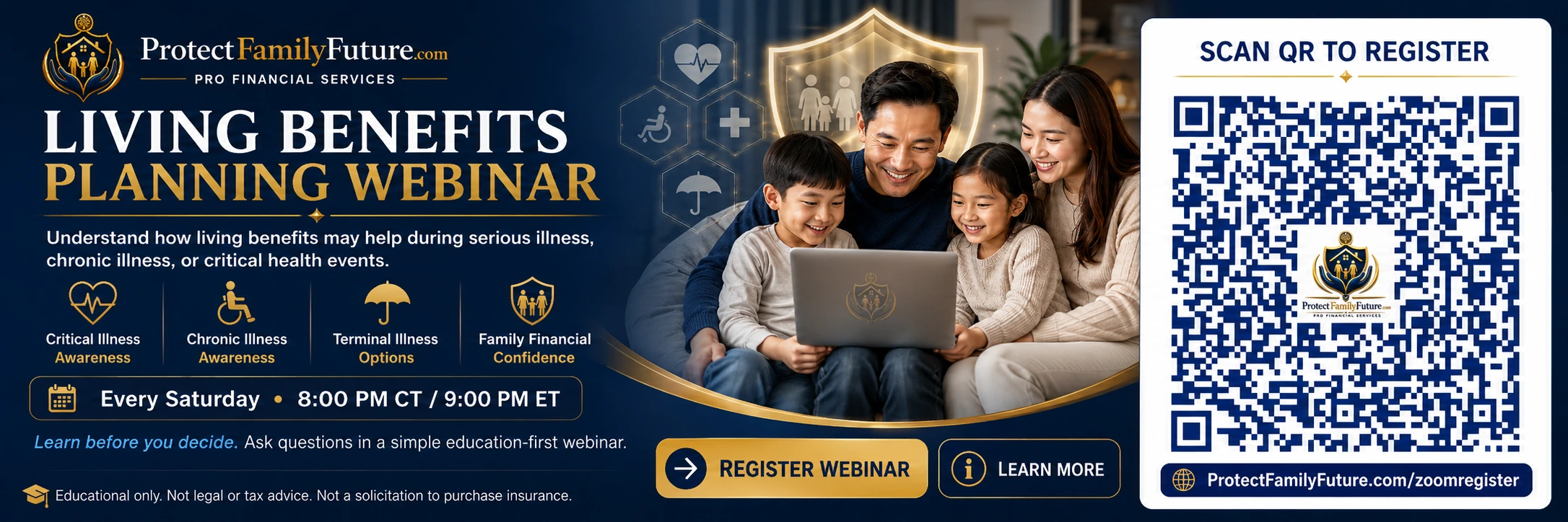 Living benefits planning webinar registration QR code with educational family financial planning focus