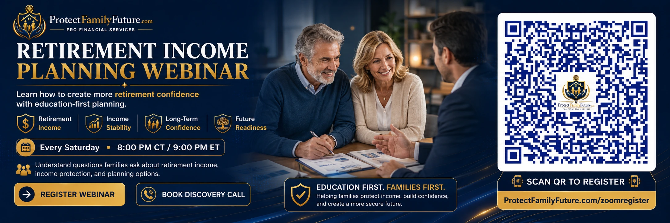Retirement income planning webinar registration QR code for Protect Family Future Saturday webinar