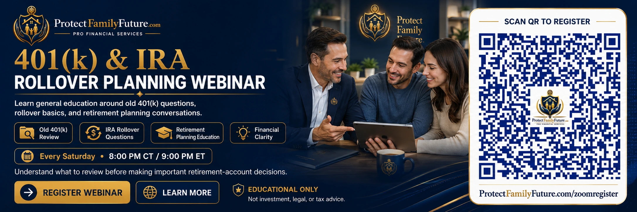 401k and IRA rollover planning webinar registration QR code family financial webinar