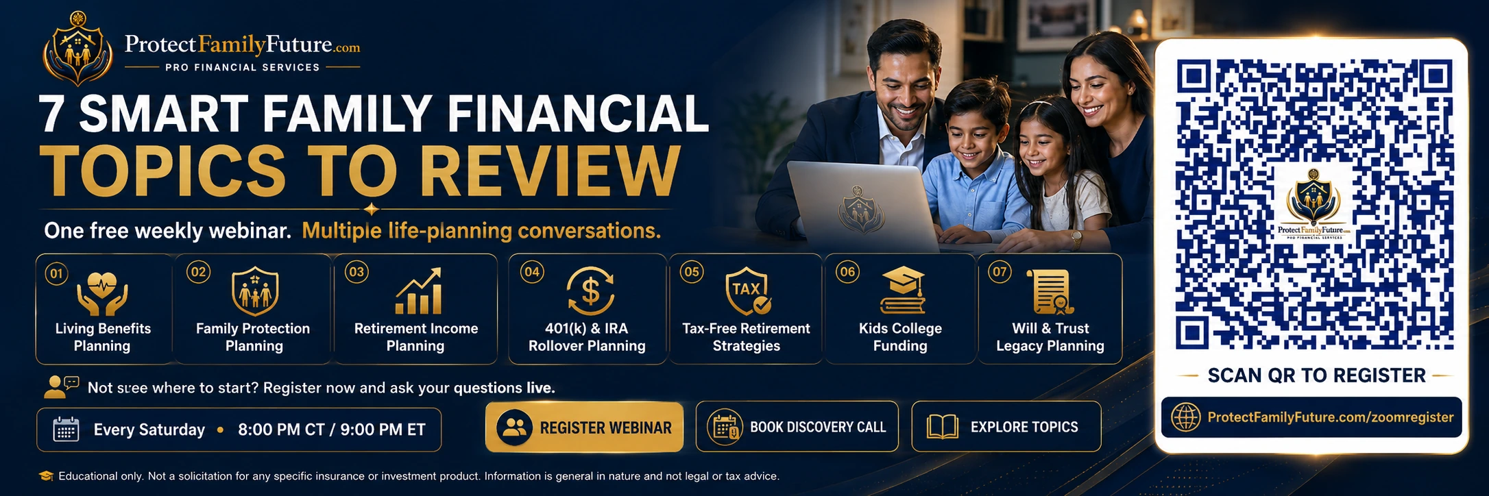 Smart family financial planning webinar registration QR code with top seven product topics