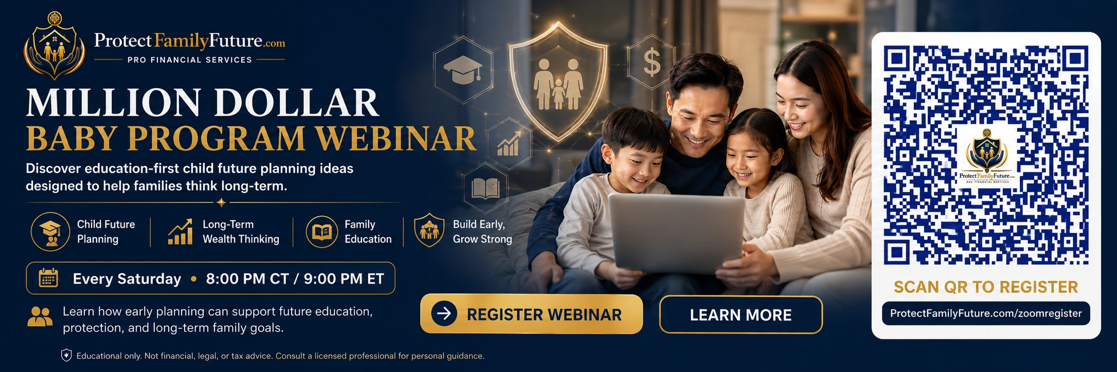 Register for weekly family financial education webinar with Protect Family Future QR code