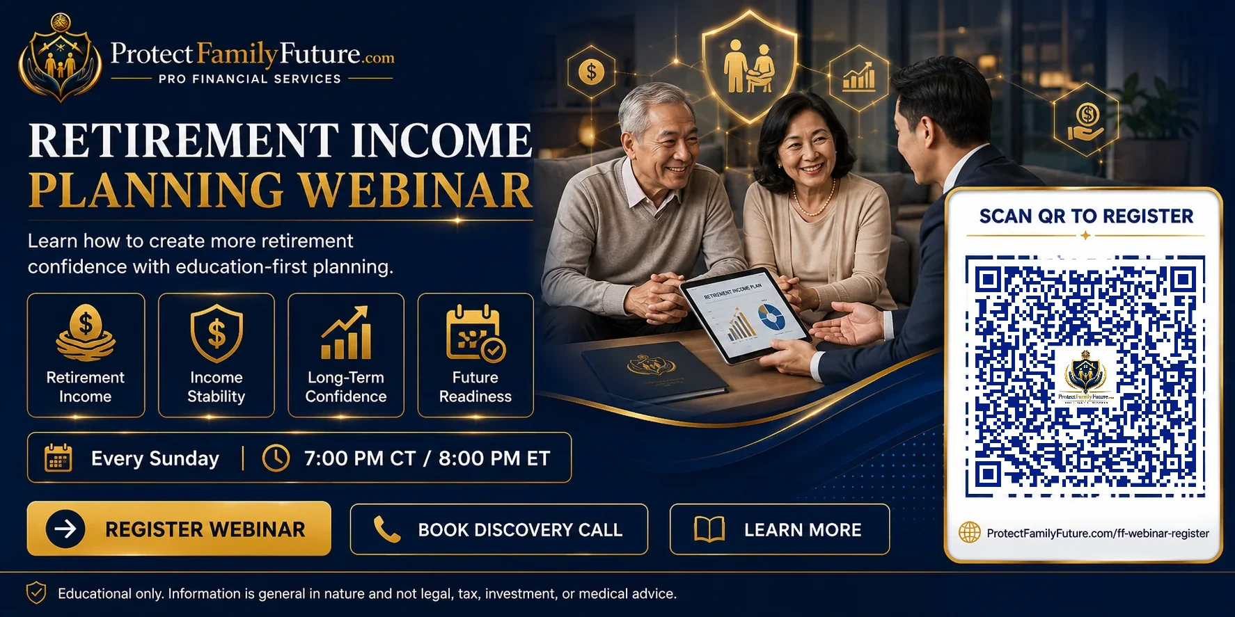 Retirement Income Planning educational webinar every Sunday at 7 PM Central Time